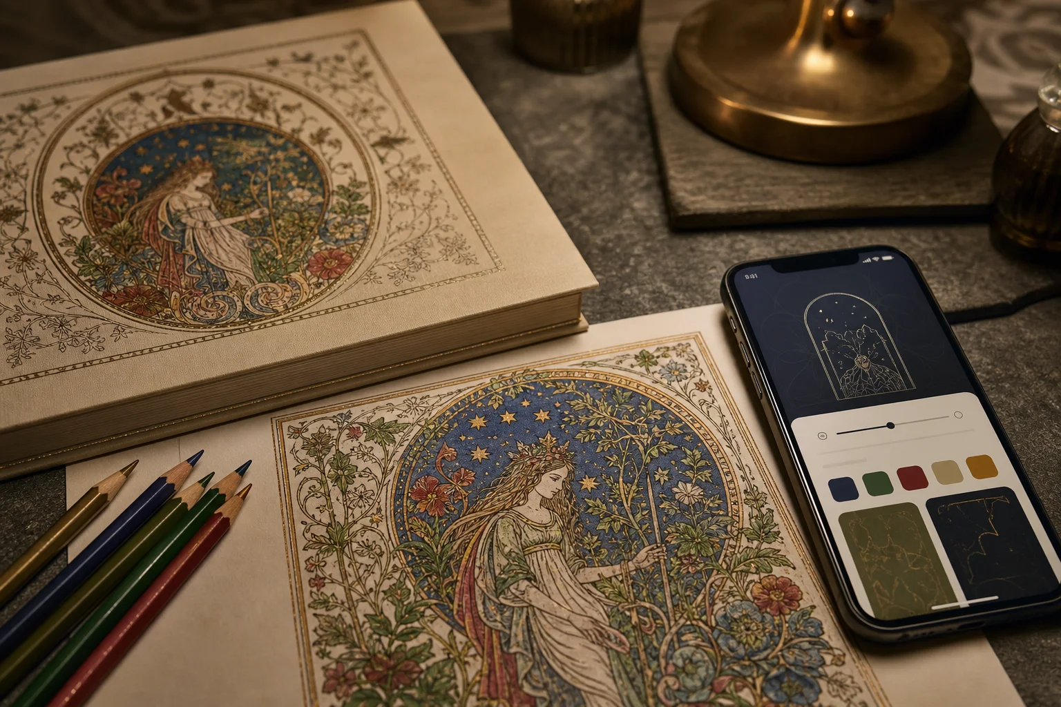 The companion app beside the physical book and a finished colored page