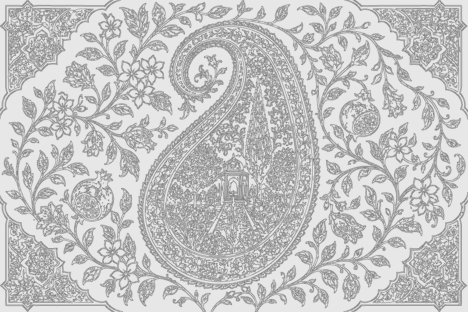 Persian garden coloring page line art on vellum paper