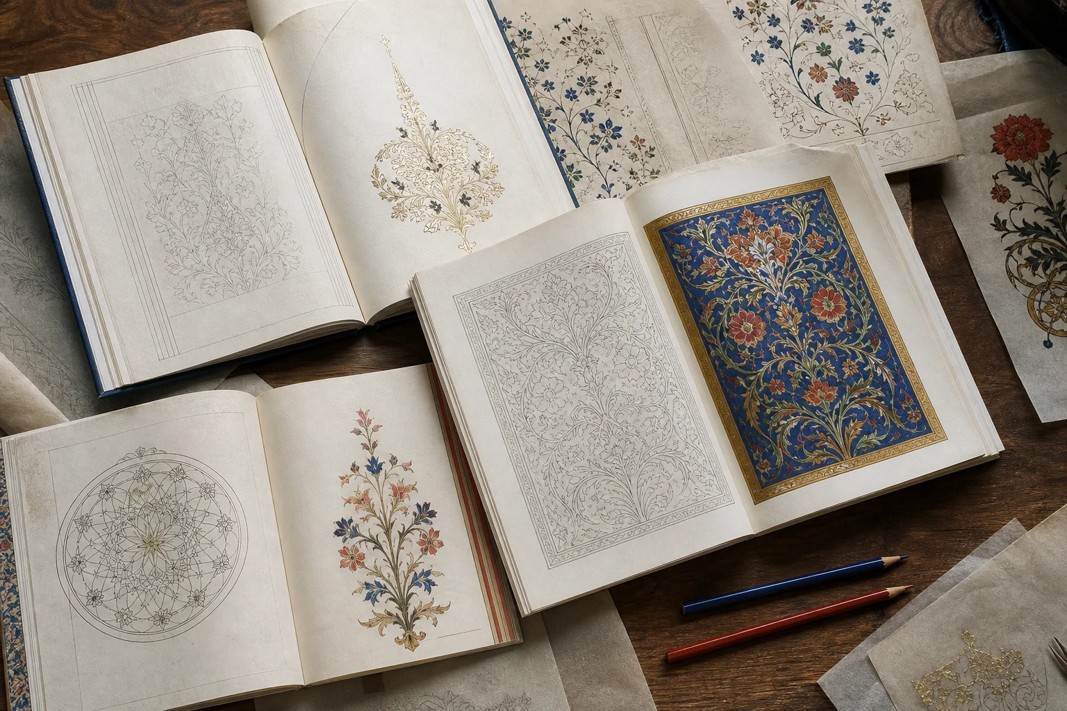 Open archive table of The Gilded Margin spreads, story pages and finished coloring work
