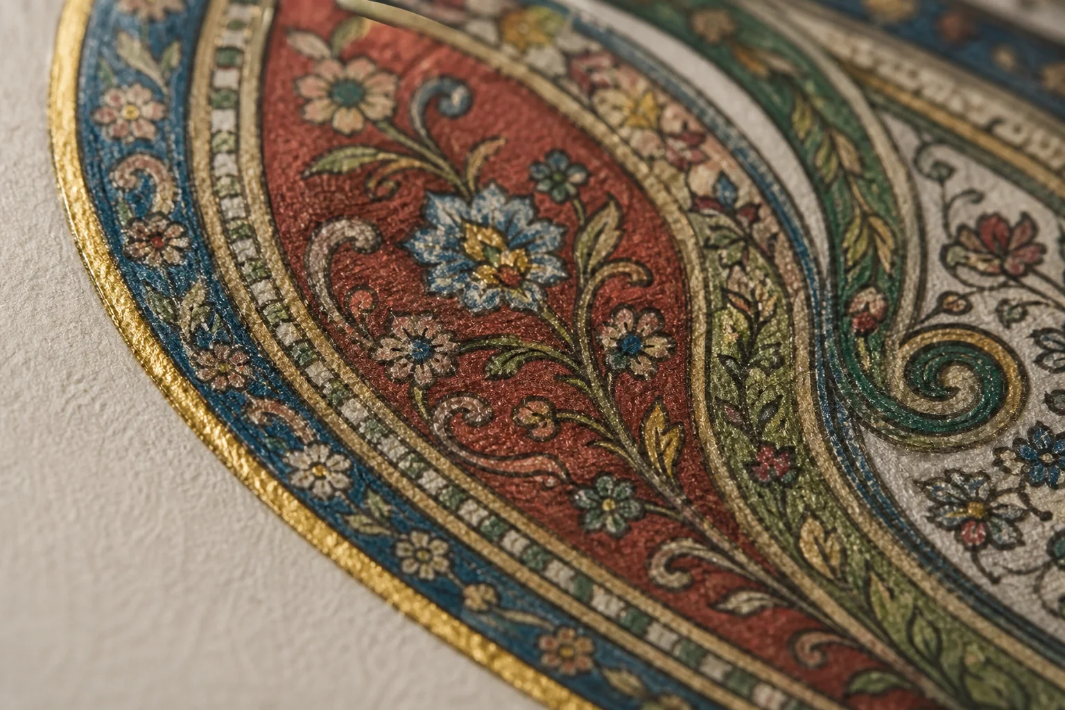 Close detail of a hand-colored boteh motif with gilded margin and paper texture