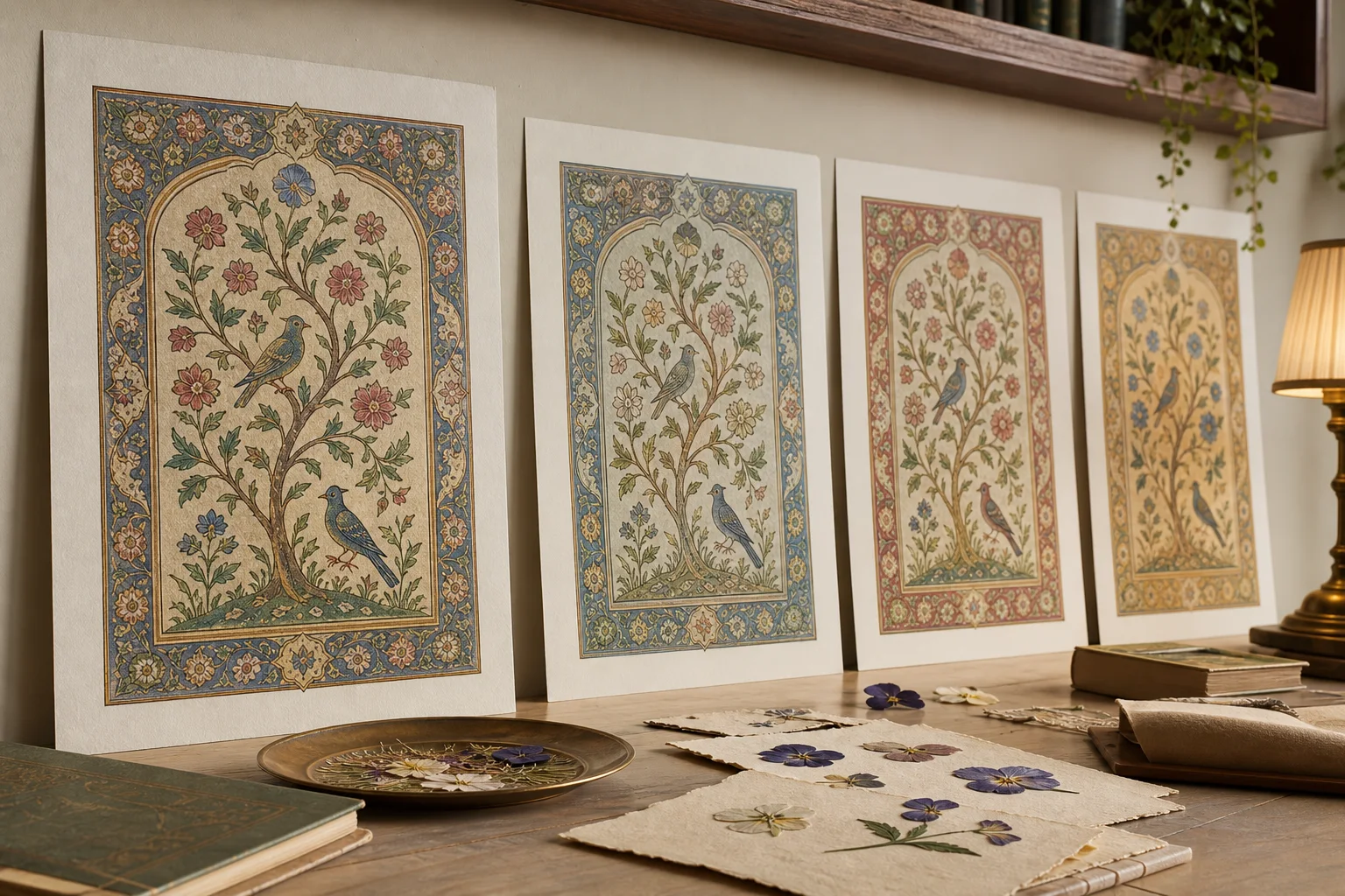 Finished coloring pages arranged in a quiet reading room gallery