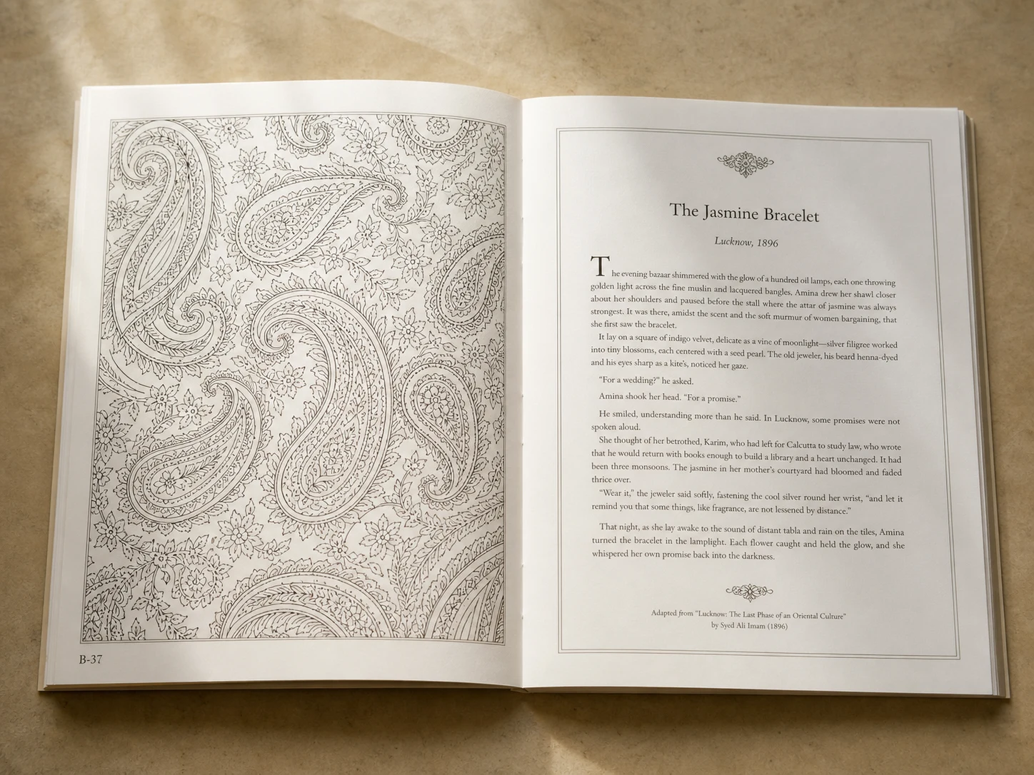 Open Volume I spread with line art and story page