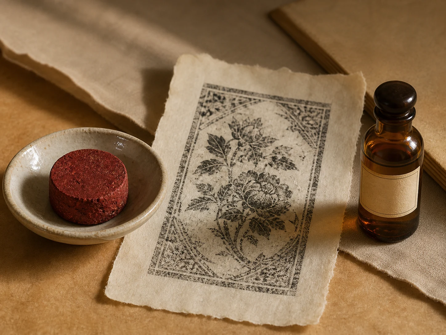 Madder dye cake in a ceramic dish