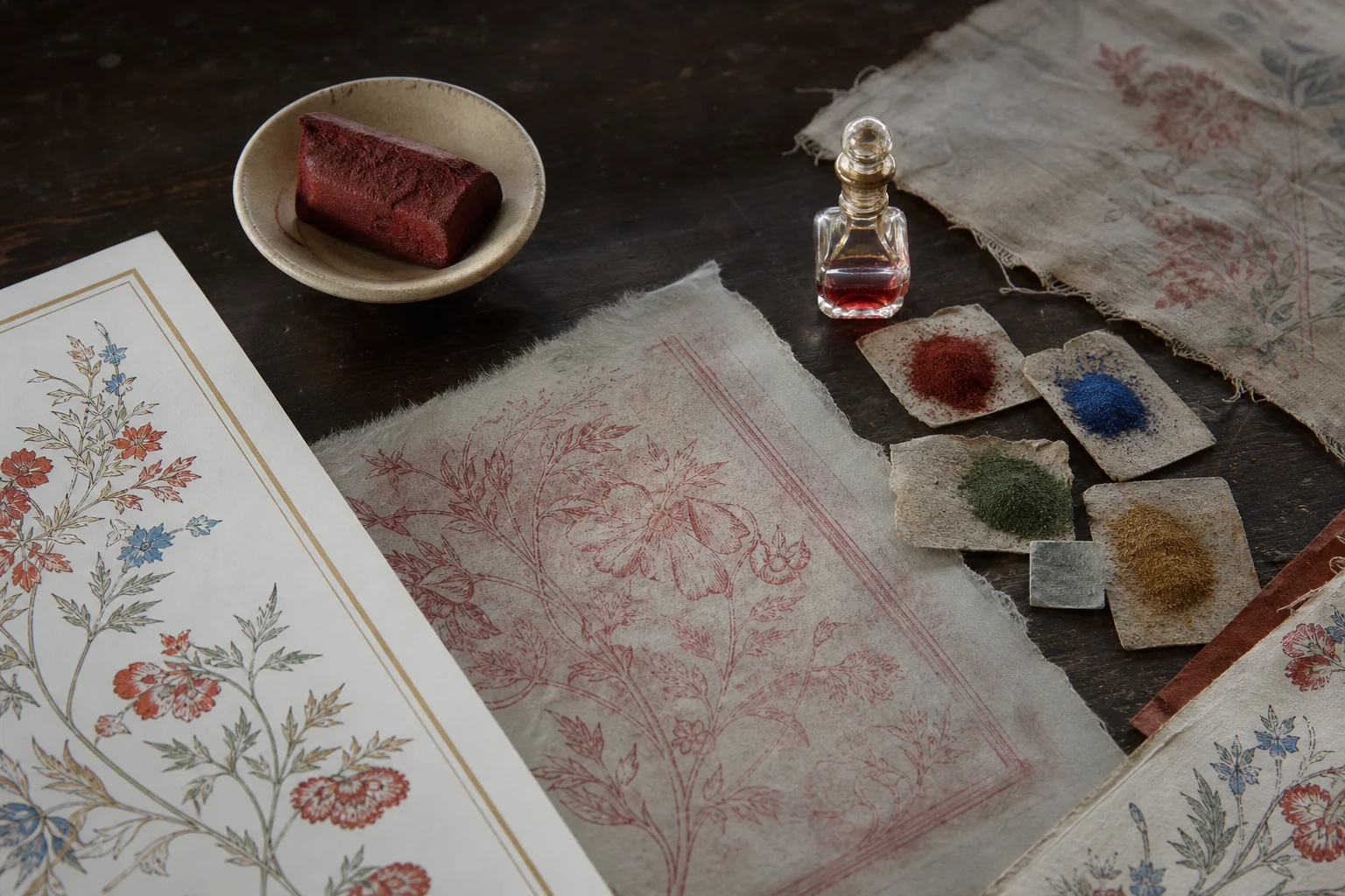 Madder dye, rubbing paper, rose attar and pigment objects on an atelier workbench